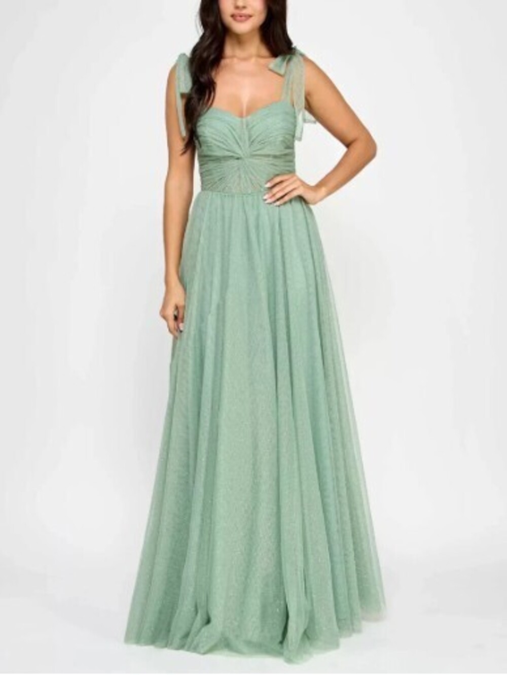 STUNNING NWT green sparkly prom dress twist front shoulder tie gown size 1/2